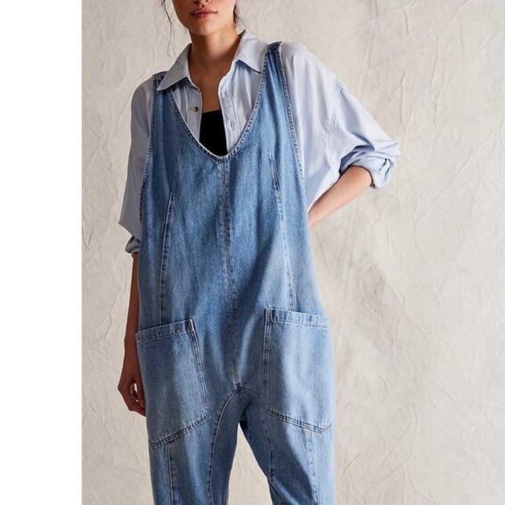 Women's Blue Denim Overalls Free People High Roller